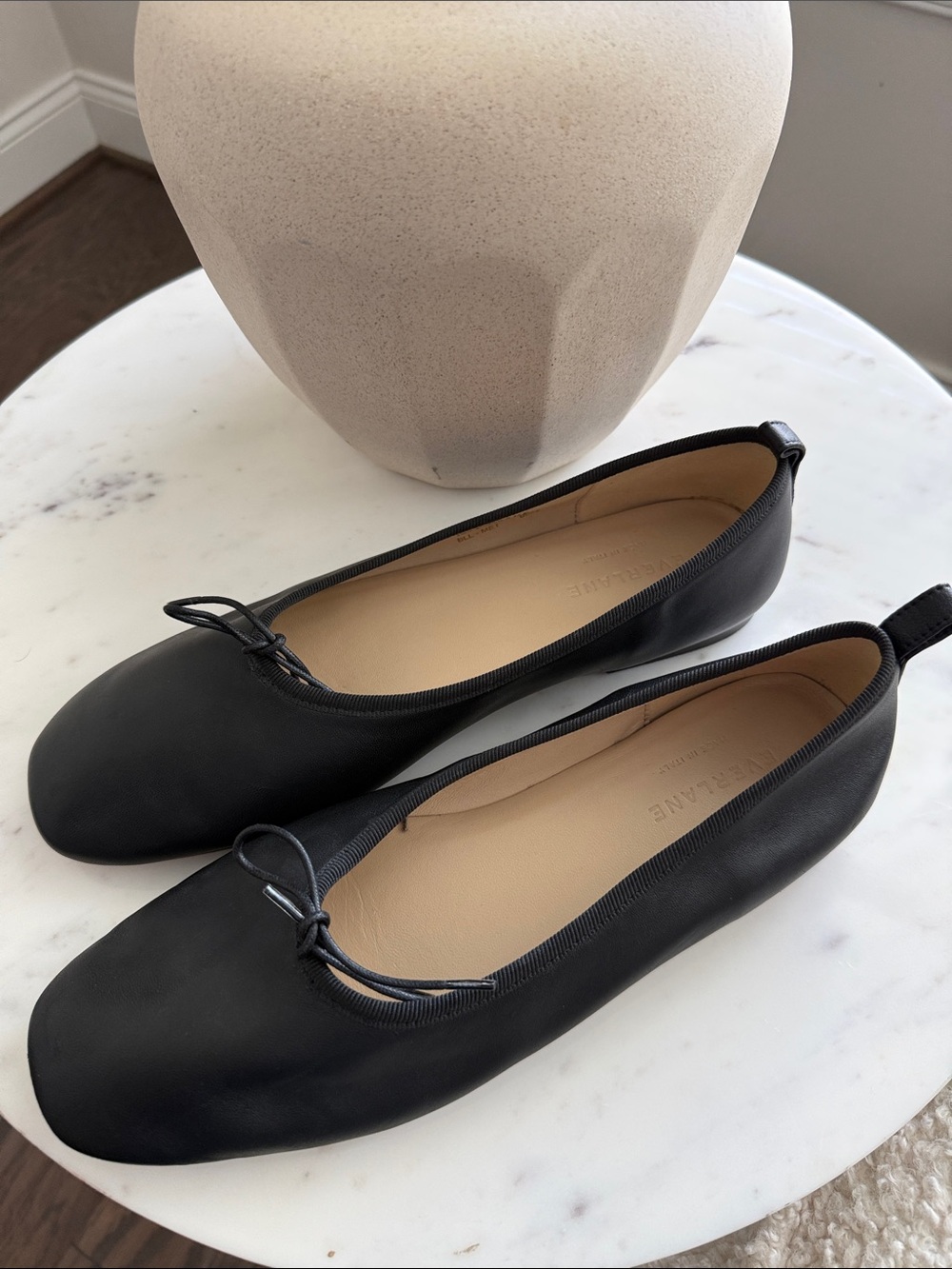 Everlane Black Leather Ballet Flats with Bow Trim